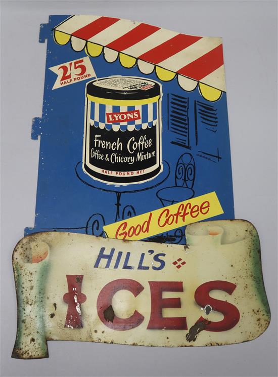 Two advertising signs - Hills Ices /Lyons French Coffee largest 44 x 30cm